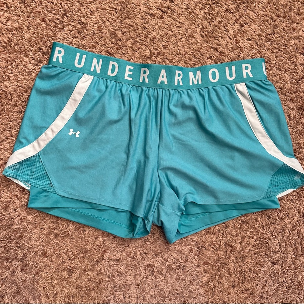 Under Armour Play Up 2-in-1 Women’s Athletic Training Shorts XXL Neptune Green - Picture 2 of 9